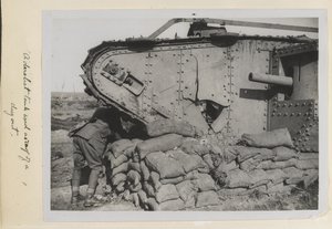 A derelict tank used as a roof of a dugout, 1915-18